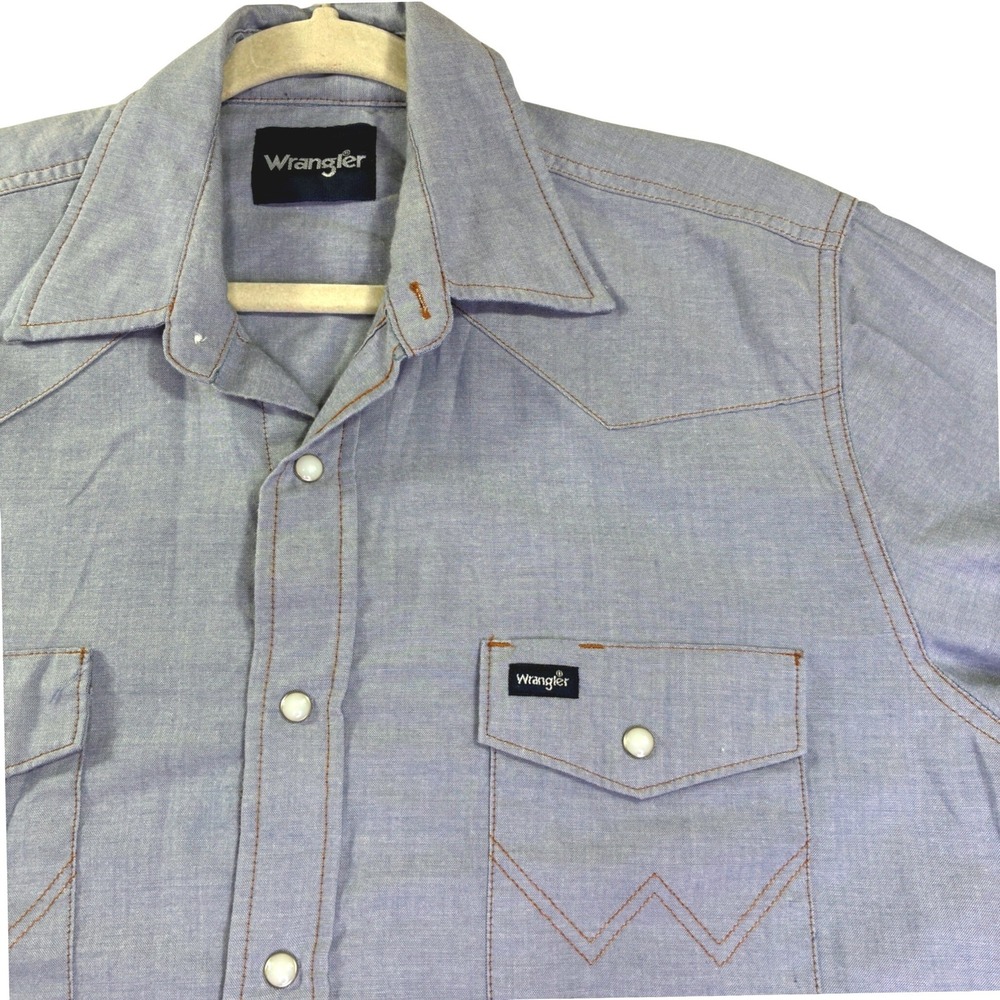 Wrangler Mens Blue Western Snap Shirt Long Sleeve Pearl Snap Chambray 16x33
